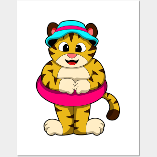 Tiger at Swimming with Swim ring & Hat Posters and Art